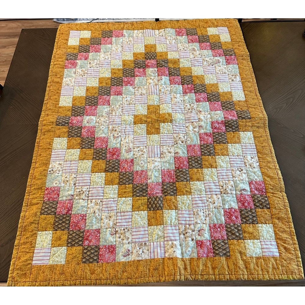 Handmade Patchwork Quilt Multi-Color Floral Block Pattern Lap Blanket 32x44